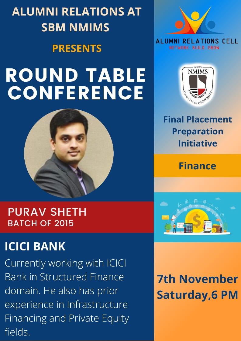 sbmalumni's tweet photo. The Round Table Conference, hosted by Alumni Relations at SBM NMIMS is one of the marquee preparatory seminars to help students prepare for placements. The 2020 finals edition of RTC will be held on 7th and 9th November! Register now at - https://t.co/PZPnQqo0WR https://t.co/v6z3vp1ThY