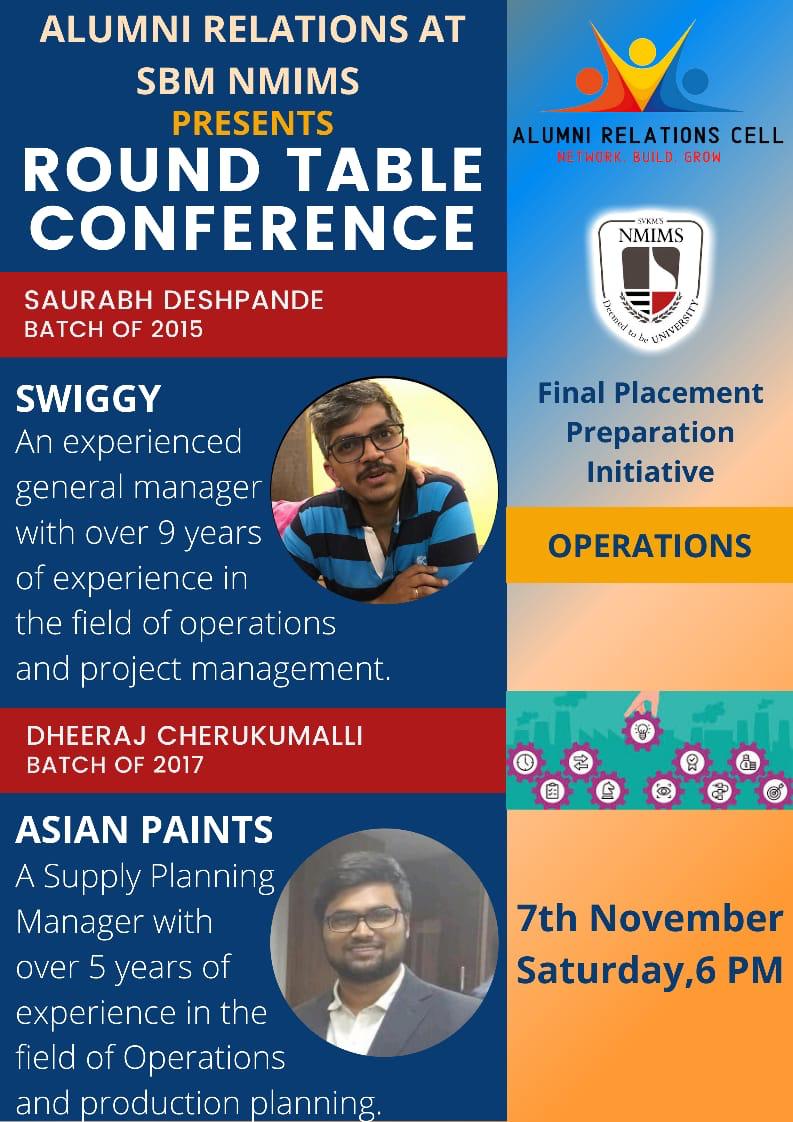 sbmalumni's tweet photo. The Round Table Conference, hosted by Alumni Relations at SBM NMIMS is one of the marquee preparatory seminars to help students prepare for placements. The 2020 finals edition of RTC will be held on 7th and 9th November! Register now at - https://t.co/PZPnQqo0WR https://t.co/v6z3vp1ThY