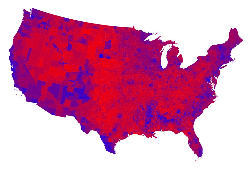 They also suggested looking county-by-county would be cool. This is a out of my technical capacity, but I did come across some cool visualizations by Mark Newman that include purple counties. http://www-personal.umich.edu/~mejn/election/2016/