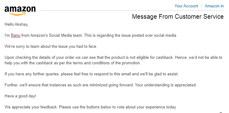 AkshayMundada's tweet photo. @AmazonHelp I got this reply over mail, but where are the Terms &amp; Conditions stating the non applicability of the offer? https://t.co/g7K3TlNguf
