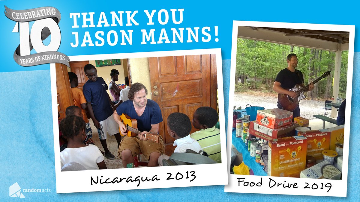 RandomActsOrg's tweet photo. Today we highlight @jasonmanns and all of his many efforts over the past 10 years from concerts to food drives, supporting Random Acts programs like Hope 2 Haiti and Childhood Hunger campaigns. Thank you Jason! #10YearsOfRandomActs https://t.co/vS7TVOaZBA https://t.co/mUcqhMfOFB
