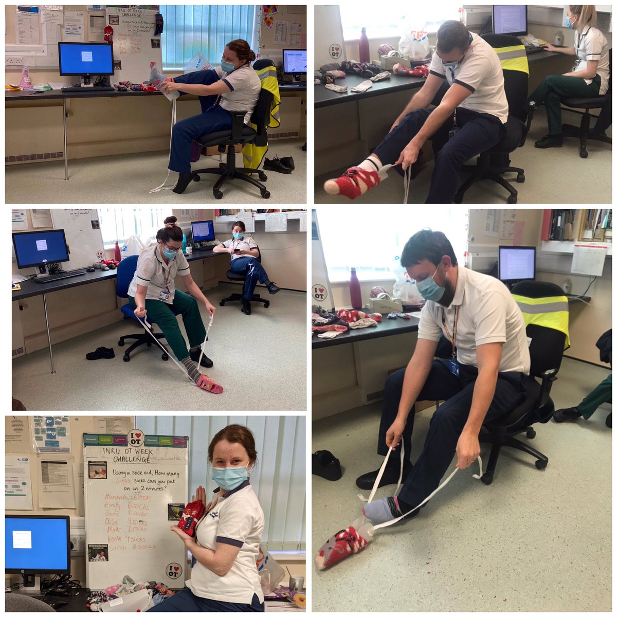 InruTrafford's tweet photo. Challenge Friday was on again today on the INRU, this week we tested the team using dressing aids! Think the physios may need to work on technique! #OT #PT #neurorehab #sockaid #challengeaccepted #OTweek2020 https://t.co/XNYcmcfhLR