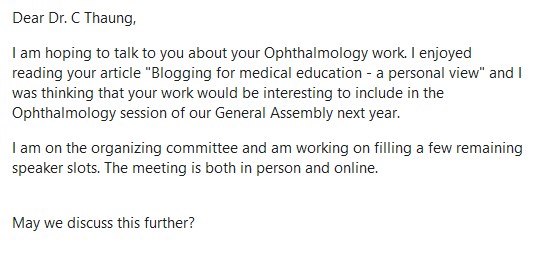 mhthaung's tweet image. While I remember, @fake_journals, I've had a couple of fun #PredatoryConference invites recently. It's so flattering, they attribute to me expertise entirely outside my field 😊