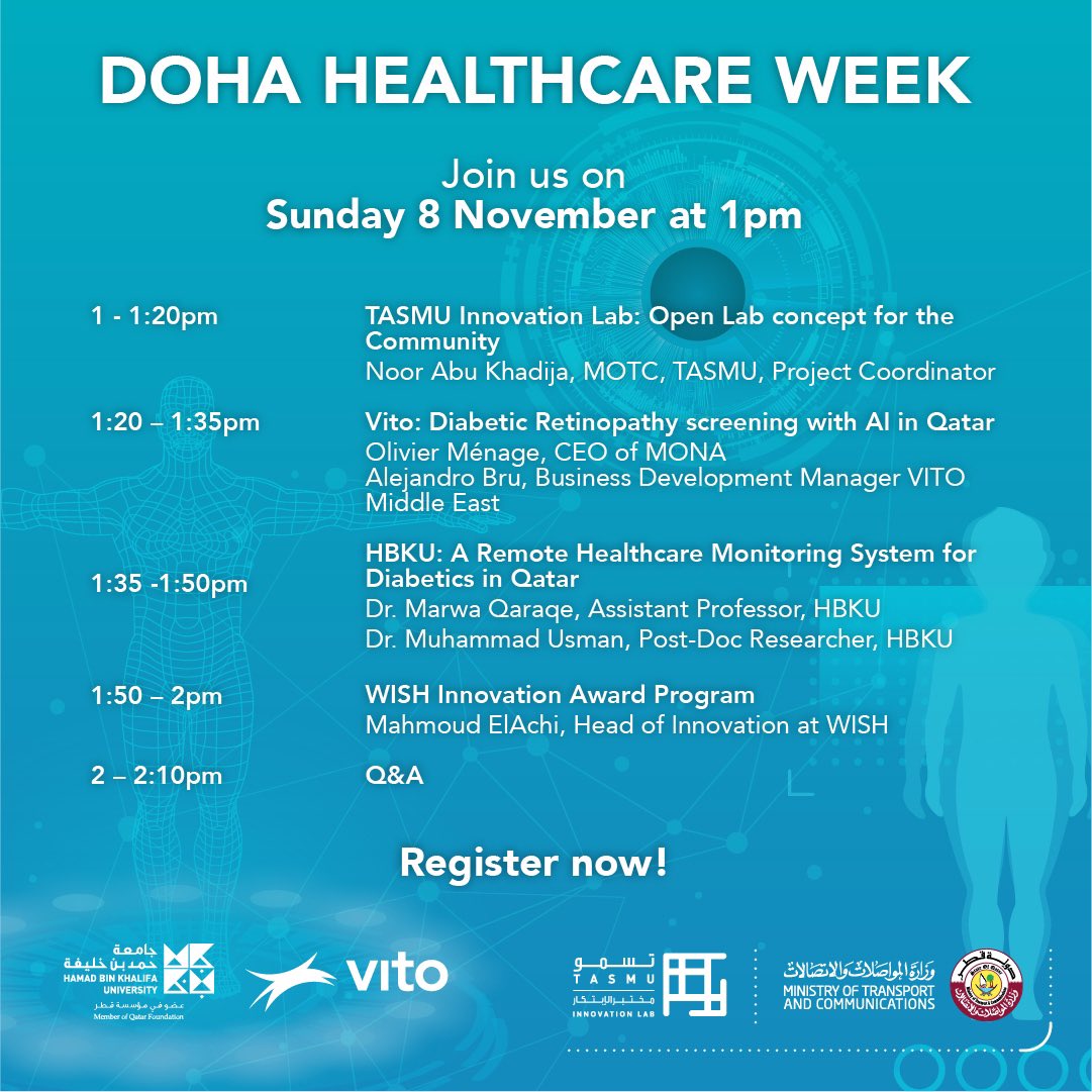tasmuQa's tweet photo. Join us on Sunday for #DohaHealthcareWeek to learn about #TASMUInnovationLab, its services, and the joint projects and #Innovations it has been supporting in the #Healthcare sector. Sign up now: https://t.co/HyEjNARK4z https://t.co/ba02vEi2Nr