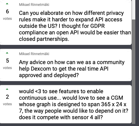 T1Bionic's tweet image. Some important questions from the #WeAreNotWaiting community for Kevin Sayer, CEO of Dexcom, at #DData2020