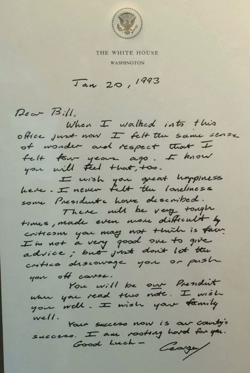 DrLeanaWen's tweet photo. This letter from President George W. Bush to President @BillClinton says it all. In the midst of a pandemic--the worst public health catastrophe of our lifetimes--our country needs grace, civility, and unity more than ever. https://t.co/SH5mCcbxZa