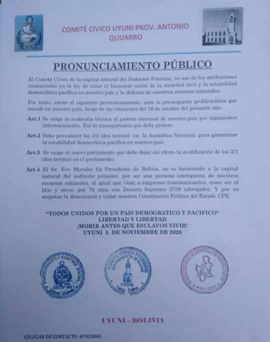 rcbolivia's tweet photo. #deÚltimo:
Comité Cívico de #Uyuni - #Potosí emitió un pronunciamiento público en el que manifiesta que #EvoMorales "no es bienvenido" por haber entregado la riqueza de los recursos naturales a empresas transnacionales. 
Demandan una auditoría al #PadrónElectoral https://t.co/TQl6StfoIX