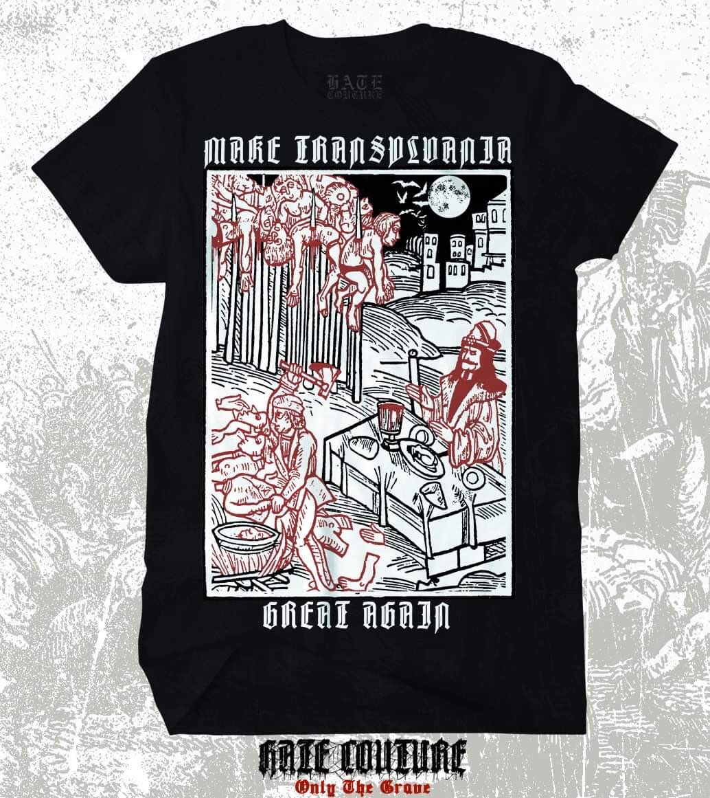 hatecouture_'s tweet photo. Our infamous « Make Transylvania Great Again » T-shirt has been through some lifting and looks sicker now!

Buy it on our shop
🦇 https://t.co/VS9FvjZ0Yq

#hatecouture #vampire #dracula #vladtepes #transylvania #wallachia #tyrant #impaled #engraving #medieval #blood https://t.co/ztjuU1bJ8E