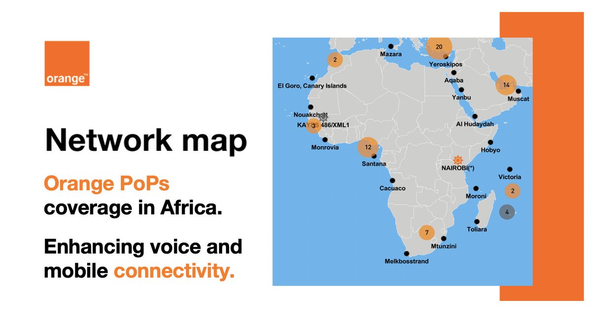 OrangeWholesale's tweet photo. At #OrangeIC, we continue to focus on expanding our network for a strong coverage with our #PoPs in Africa, notably in Nigeria 🇳🇬 and Ghana 🇬🇭 ! #Voice #Mobile #Connectivity ➡️ Why don’t you discover the interactive network map now? https://t.co/C2s7qu5K9B #AfricaCom2020 https://t.co/wSzWBIy7Eg