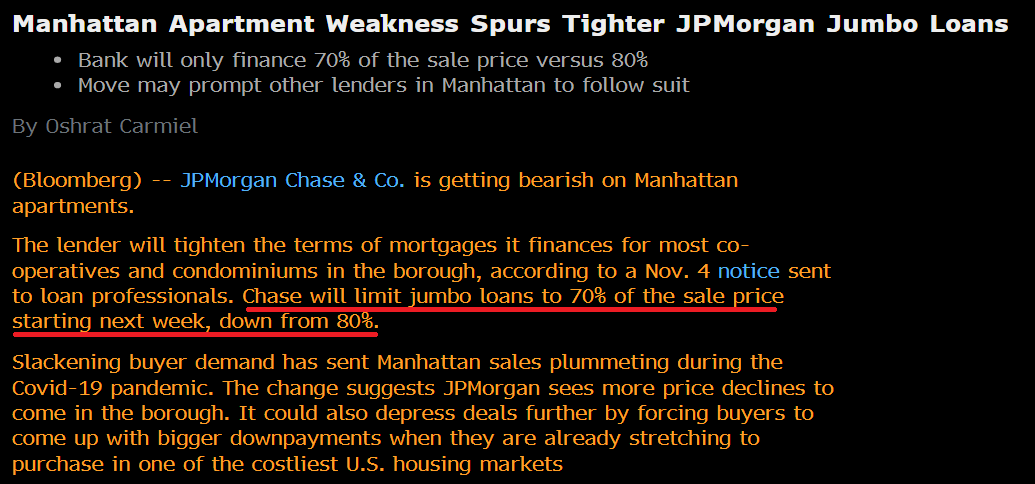 That creaking sound you hear is  $JPM tightening the credit spigot for Manhattan condos and coops.Max LTV on jumbos will be 70% going forward down from 80%
