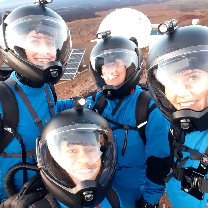 HI_SEAS's tweet photo. What’s it like to walk on the surface of Mars? Ask the crew of the HI-SEAS Sensoria Mars mission! They completed their first successful EVA today!
#Marswalk #firstwalkonthemartiansurface #makingsciencelookgood #marsneedswomen #womenonmars #sensoria #HISEAS https://t.co/qDDgZ53PeX