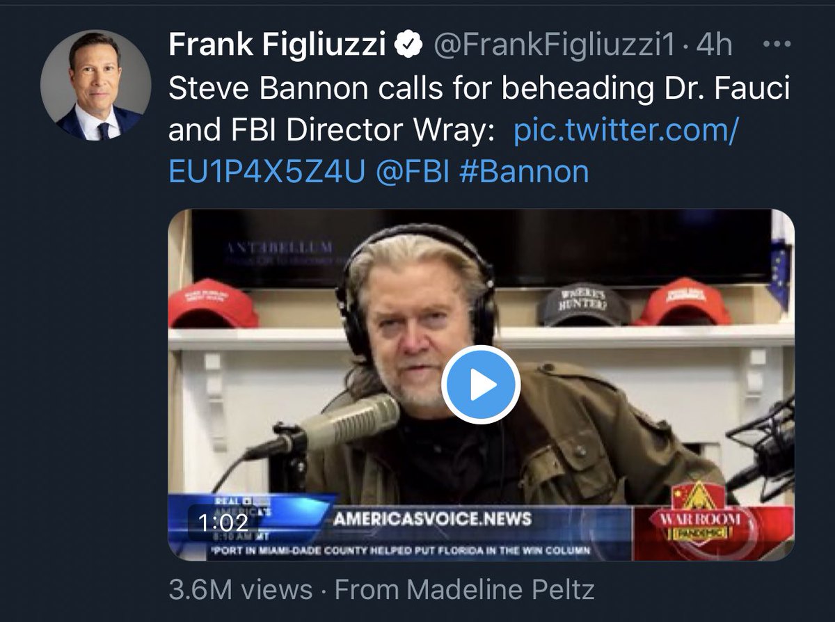 ICYMI, yesterday:-Bannon called for the beheading of FBI Director Wray & Dr. Fauci.-A top Trump ally said “we’re getting ready to start shooting” liberals.-Seb Gorka called for US Marshalls to break down the doors of polling places & arrest poll workers.-The NRA is loving it.