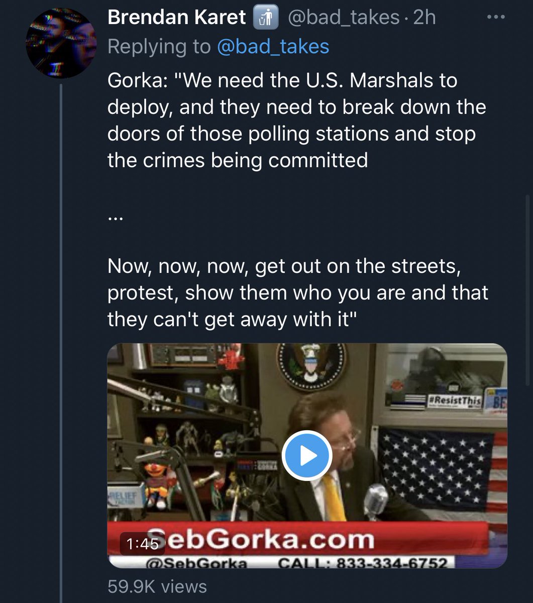 ICYMI, yesterday:-Bannon called for the beheading of FBI Director Wray & Dr. Fauci.-A top Trump ally said “we’re getting ready to start shooting” liberals.-Seb Gorka called for US Marshalls to break down the doors of polling places & arrest poll workers.-The NRA is loving it.