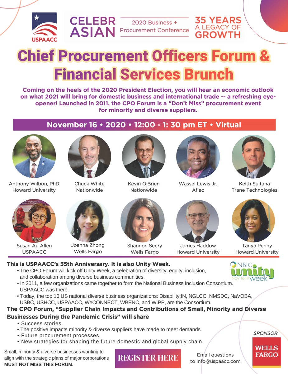 mhshortes's tweet photo. Join @WellsFargo Joanna Zhong and Shannon Seery at the @USPAACC Chief Procurement Officers Forum &amp; Financial Services Brunch on Mon, 11/16 at 12pm to hear an economic outlook on what 2021 will bring for domestic business and international trade. https://t.co/BnTOQwRDr4 https://t.co/xGxQ6P0bcm
