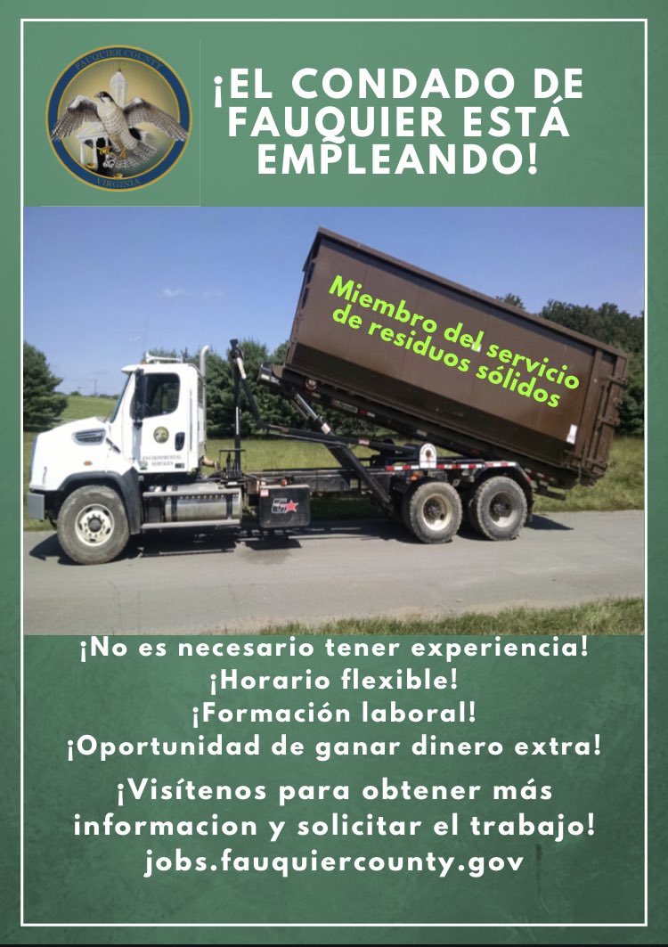 FauquierJobs's tweet photo. ¡Los servicios ambientales del Condado de Fauquier están empleando! ¡Ven a unirte a nuestro equipo! ¡Detalles y aplicación disponibles en https://t.co/xm8eNOACP1! #empleando #empleo #trabajos #reciclar #condadodefauquier #virginia https://t.co/0M1fRaMSDp