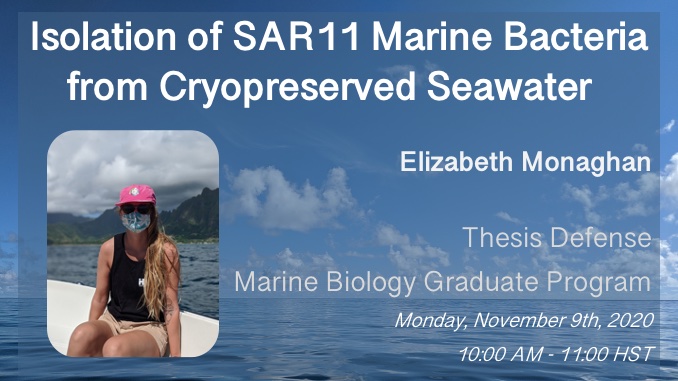 Hawai‘i Institute of Marine Biology (@himb_soest) on Twitter photo We are happy to announce that Elizabeth Monaghan of the <a href="/mikerappe/">Michael Rappe</a> lab will be defending her MSc defense at 10 am next Monday, November 9th! Please DM for the Zoom info if you would like to join! We are happy to announce that Elizabeth Monaghan of the <a href="/mikerappe/">Michael Rappe</a> lab will be defending her MSc defense at 10 am next Monday, November 9th! Please DM for the Zoom info if you would like to join!