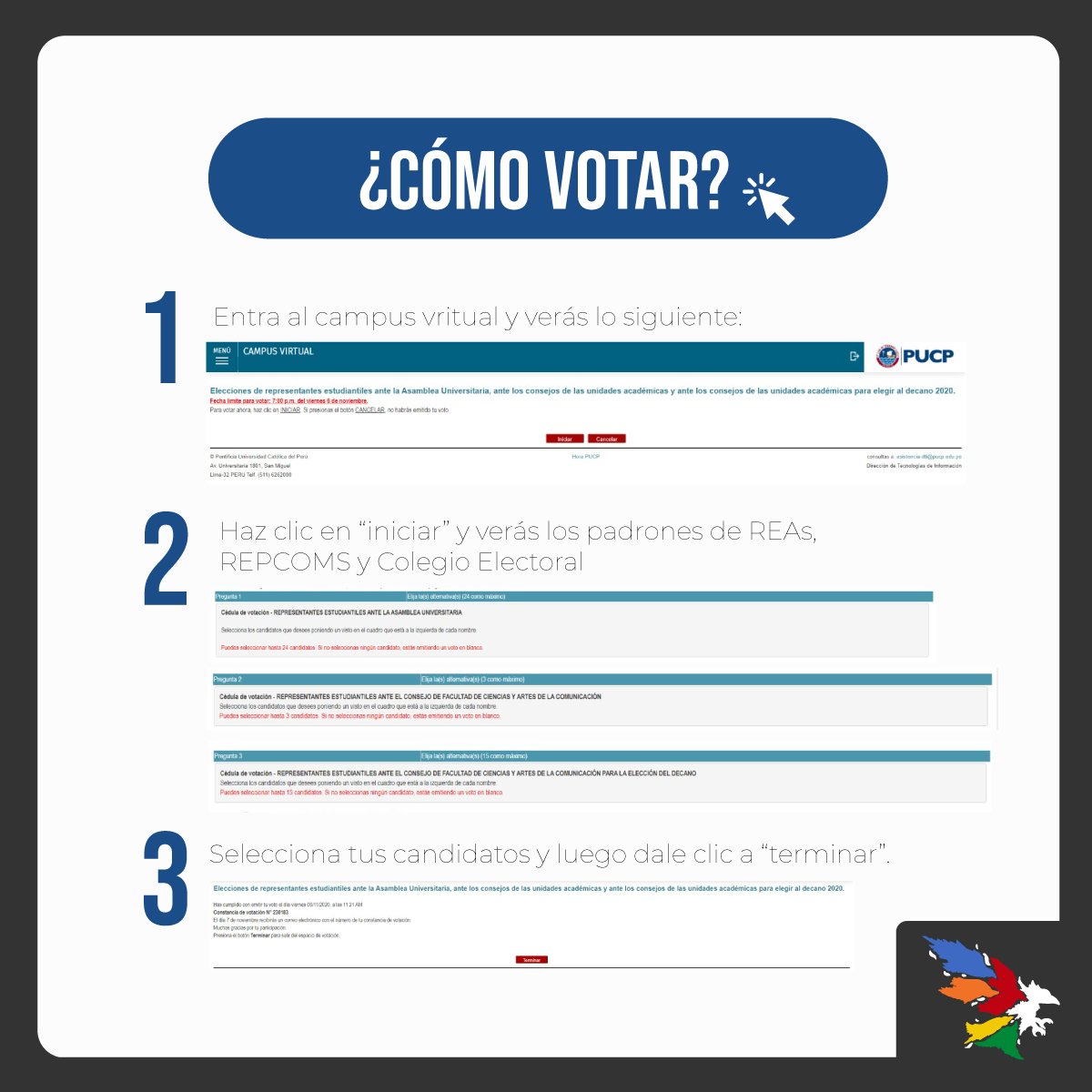 cfcomunicapucp's tweet photo. ¡Comunica!
El día de hoy cierran las votaciones para elegir a los REPCOMs, REAs y Colegio Electoral. La votación es a través del campus virtual y es un proceso rápido. Aquí les dejamos los únicos 3 pasos a seguir.

¡Hagamos que Comunica tenga representación! https://t.co/Faxp8MfxI8