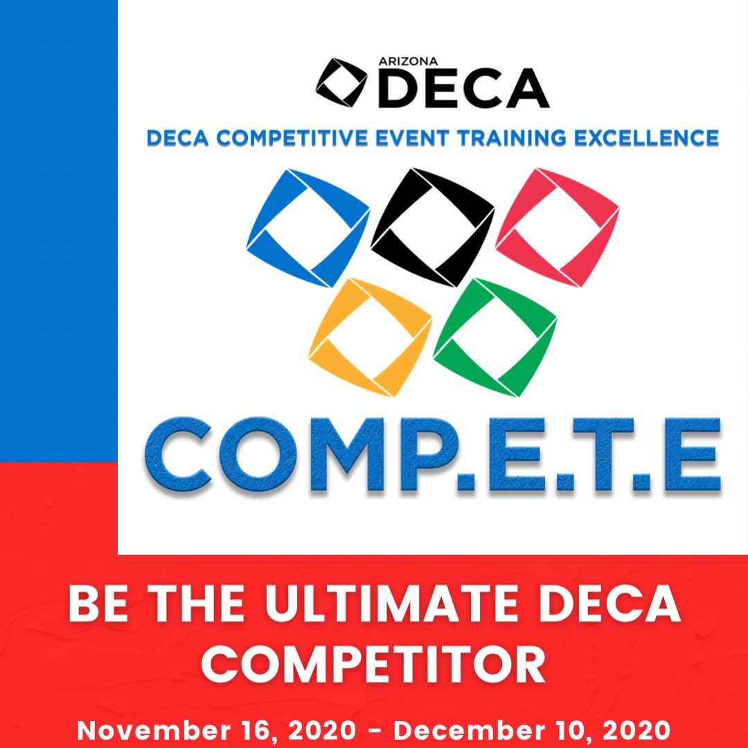 azdeca's tweet photo. Your #PathToGlass begins at Arizona DECA Comp.etitive E.vent T.raining E.xcellence. Join fellow
DECA members from across the state and COMP.E.T.E.
Registration for 1st session is due November 13-16, 2020.
Be the ultimate DECA competitor and sign up for COMP.E.T.E. now! https://t.co/C1t7fFglAR