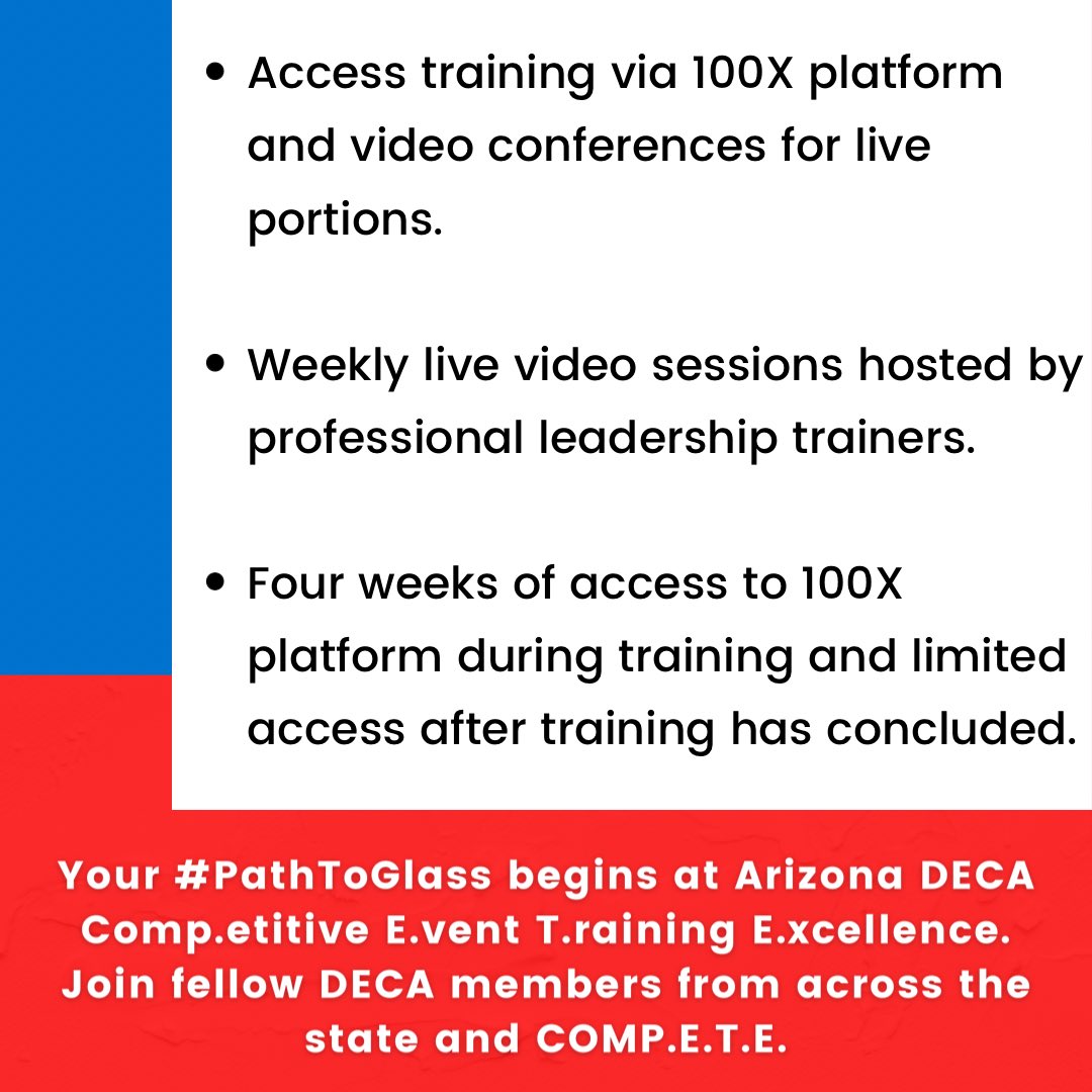 azdeca's tweet photo. Your #PathToGlass begins at Arizona DECA Comp.etitive E.vent T.raining E.xcellence. Join fellow
DECA members from across the state and COMP.E.T.E.
Registration for 1st session is due November 13-16, 2020.
Be the ultimate DECA competitor and sign up for COMP.E.T.E. now! https://t.co/C1t7fFglAR