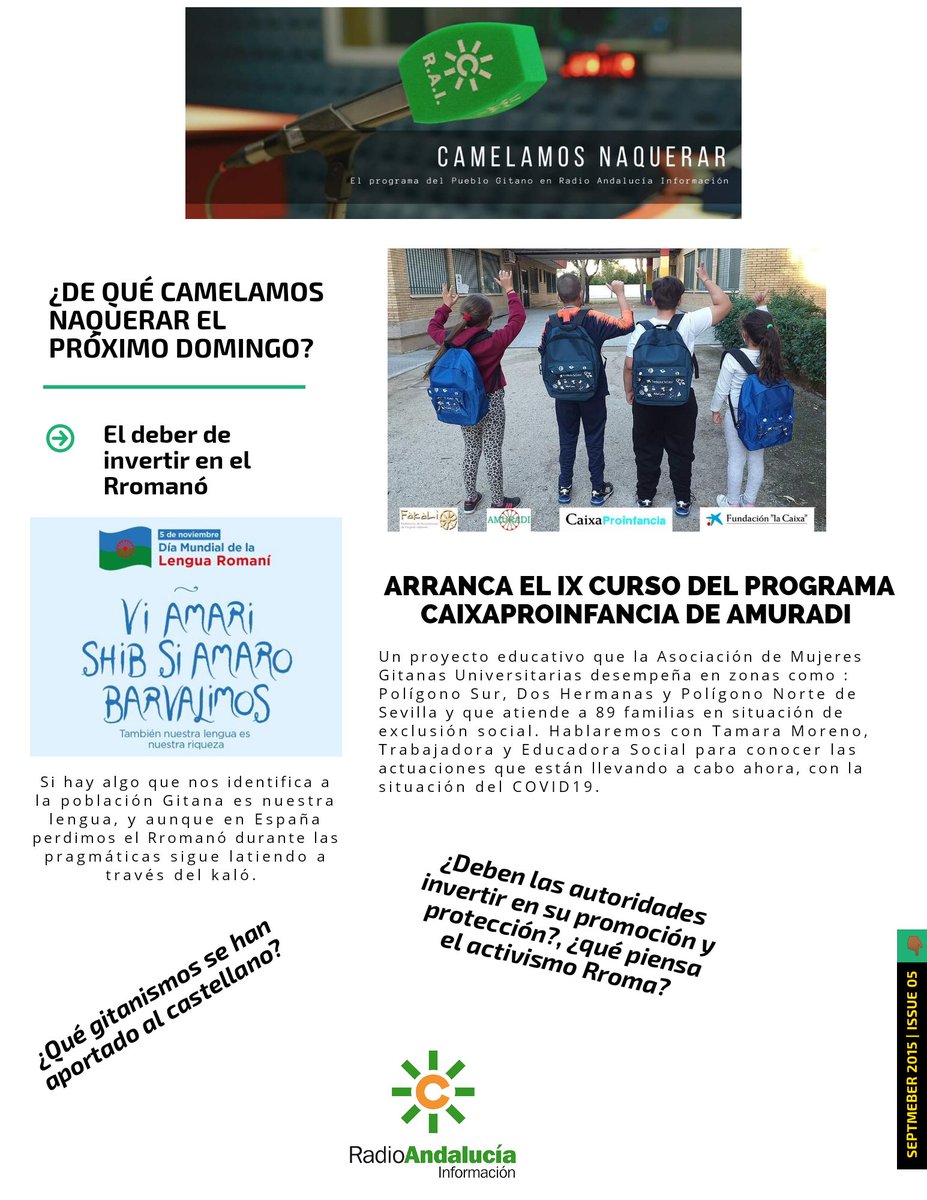 CamelamosCS's tweet photo. Adelanto del contenido del próximo programa. Hablamos del #RomaniChib y en la entrevista estaremos con @amuradigitanas para conocer el desarrollo del programa #CaixaProinfancia de @FundlaCaixa.
🗓️Domingo 8 de noviembre
🕛 09:00 a.m
🎧 @RAInformacion https://t.co/gzOt5Dd8uW
