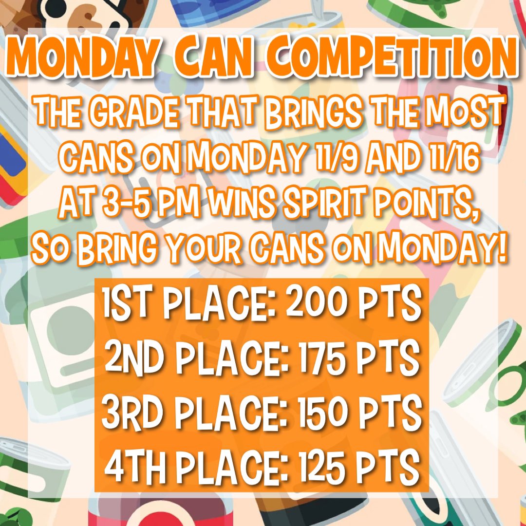 torrance_high's tweet photo. Bring cans on Monday 11/9 and 11/16 from 3-5pm to win spirit points for your grade!! https://t.co/l4bcrqqgPk