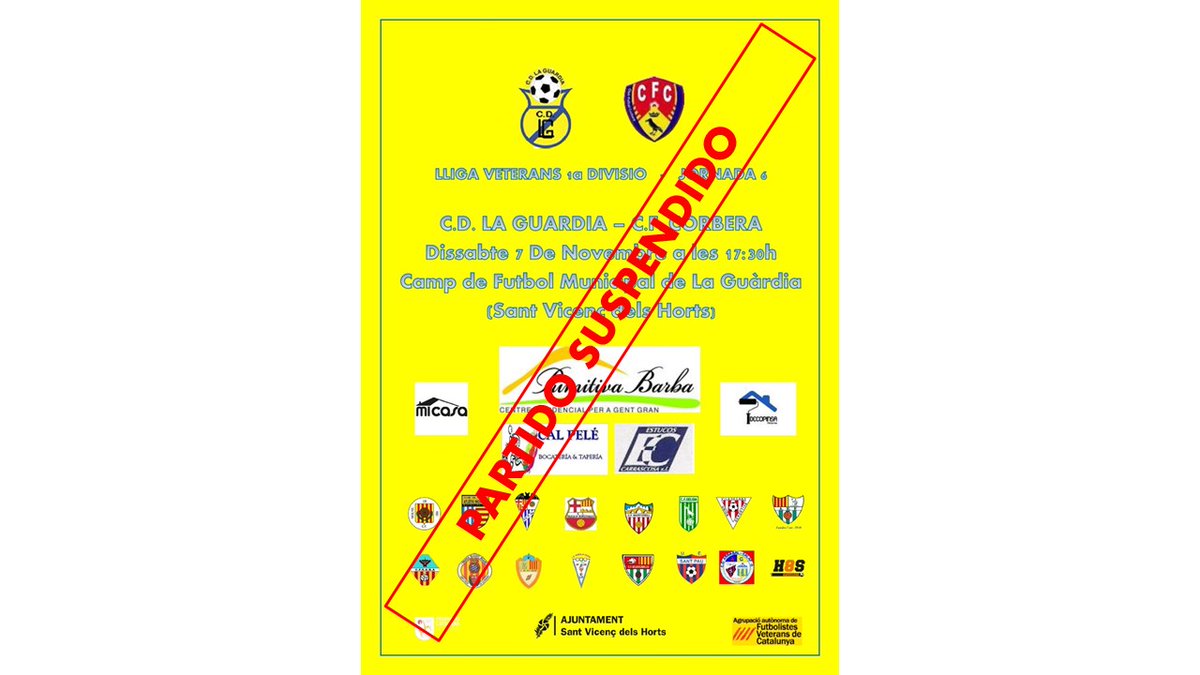 El partido <a href="/cdlaguardia/">C.D. La Guardia</a> vs <a href="/CFCORBERA/">CF Corbera</a> previsto para mañana a las 17:30 queda suspendido por las restricciones impuestas por la COVID la semana pasada.

Mucho ánimo para todos. Y seguro que volveremos a disfrutar del deporte.💪💪💪

#futbolcat #futbolveterans