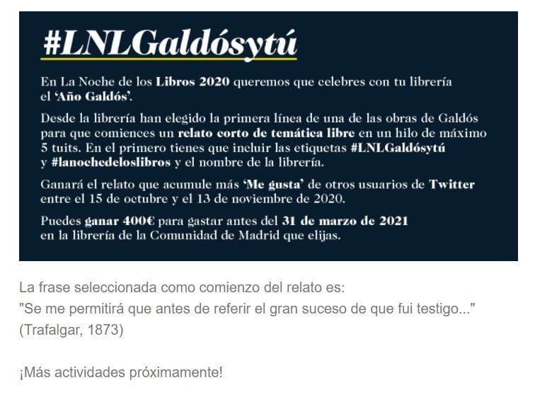 decuento's tweet photo. Te animas a participar en este concurso de microrrelatos en Twitter? Con 5 tweets puedes conseguir 400€ para gastar en tu librería preferida. Sigue las instrucciones de la imagen #galdos #lanochedeloslibros #relato #microrrelato https://t.co/A210B1DyC4