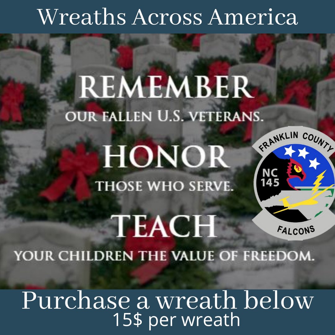 FranklinCo_CAP's tweet photo. Don't forget to order your memorial wreaths for this year's display at veteran's cemeteries. Purchasing a wreath helps our squadron, but also shows remembrance of our US Veterans this holiday season. https://t.co/dQ5qwBLxQg