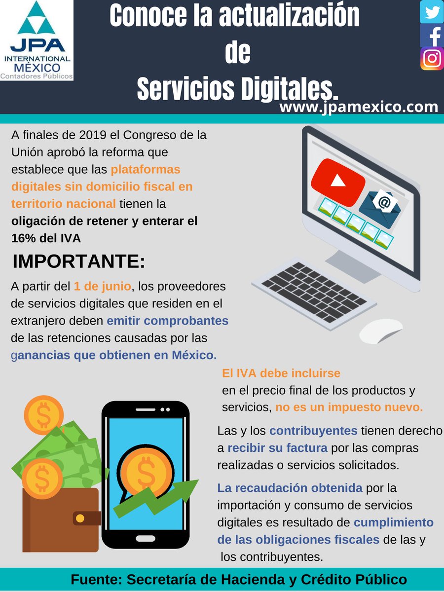 jpa_mexico's tweet photo. Retención y entero del Impuesto al Valor Agregado: La retención será del 50% sobre el 16% del Impuesto, es decir del 8%.
https://t.co/2TkzCdXhBm
#QuedateEnCasa #JPAMexico #Contadorespublicos #Actividadesempresariales #ActualizaciondeServiciosDigitales #SHCP https://t.co/GFFinx72DY
