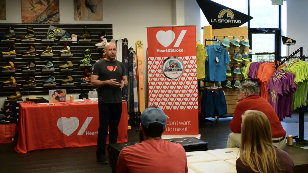 Heartofsummit's tweet photo. We had the opportunity to share our story at La Sportiva Factory Retail Store in Boulder, Colorado. 
@HeartandStroke 

#HeartAttack #survivor #climbing for #scientic #research Life. We don’t want to miss it. https://t.co/xhplyT2Nqr