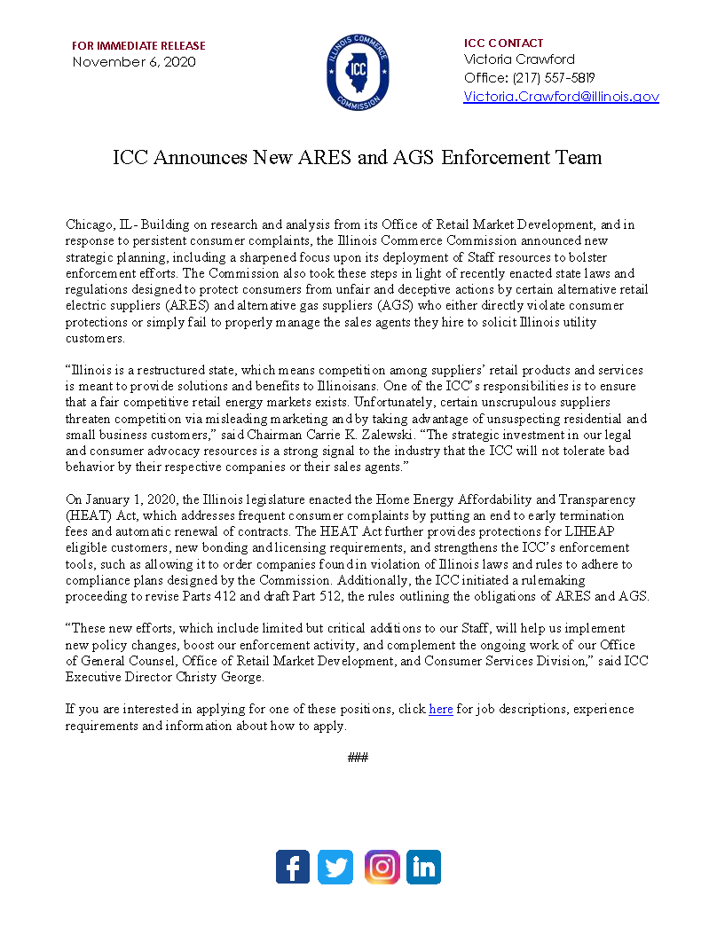 ILCommerceComm's tweet photo. The ICC Announces New ARES and AGS Enforcement Team. To read the press release, visit https://t.co/lOazuc46xp
#illinoiscommercecommission #publicutilities #publicutilitycommission #regulatory https://t.co/50xSKtUdQW