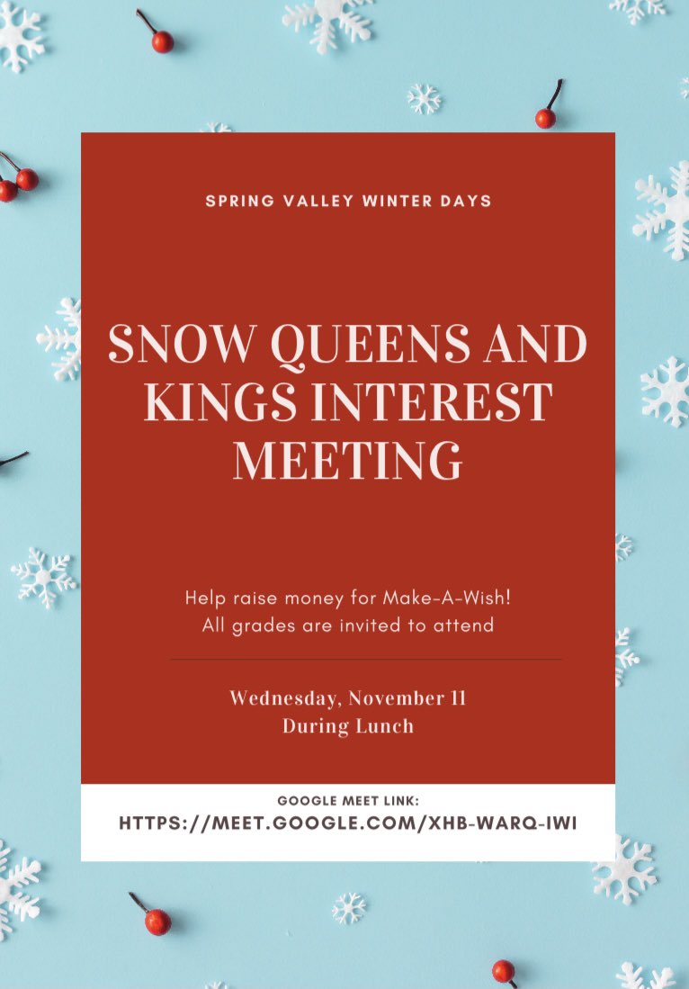 Are you interested in running for Snow Queen or King? If so, there will be an interest meeting on Wednesday, November 11th during lunch! Can’t wait to see y’all! ❄️👑