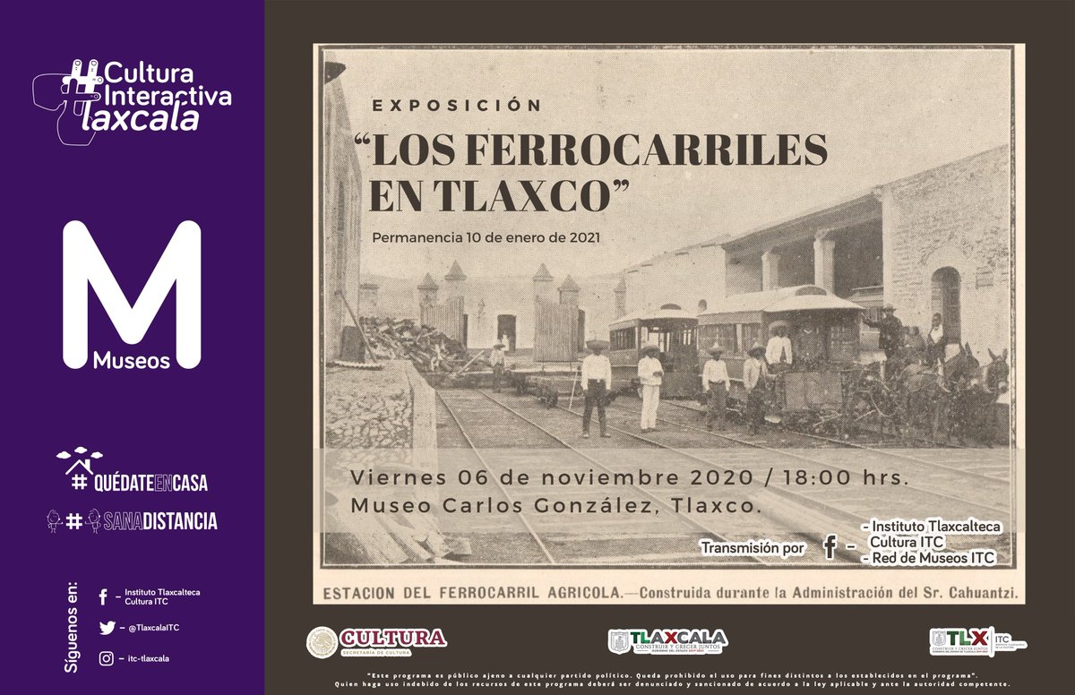 #ExposiciónVirtual 💻📡🖼 | HOY

Los ferrocarriles en #Tlaxco 
🚂🚃🚃🚃

⏰18:00 hrs.

#TlaxcalaSeCuida #CulturaDesdeCasa #ElArteNosUne