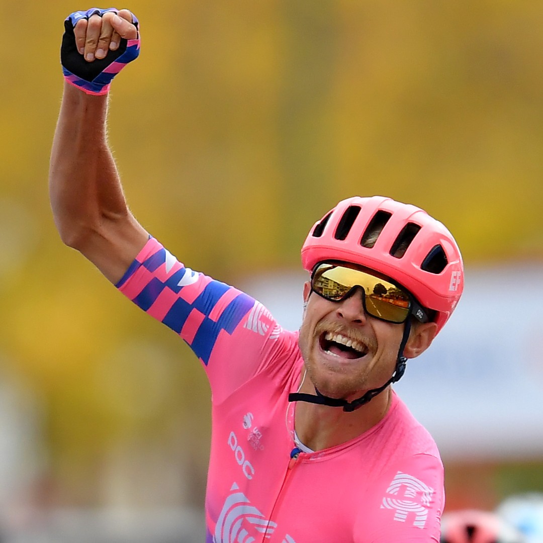 RideCannondale's tweet image. The Supreme Cort. 

@MagnusCort makes it three wins for @EFprocycling at the Vuelta a España, taking the victory aboard his #SystemSix! Hugh Carthy remains in third place overall heading into the final weekend of racing.