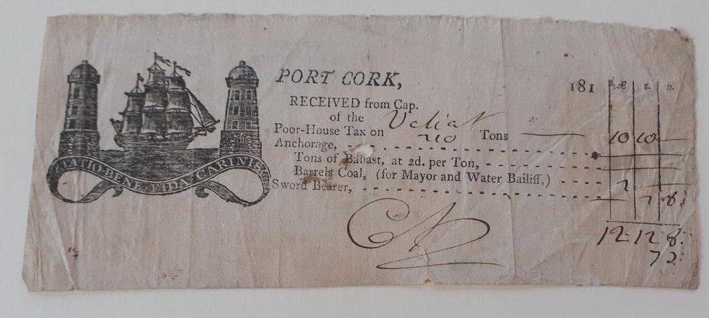 MarshsLibrary's tweet photo. Receipt for tax paid by ship's captain in Cork c.1720. Does the Port still charge sword bearers a sneaky extra tax? https://t.co/aFAmLfsmAK