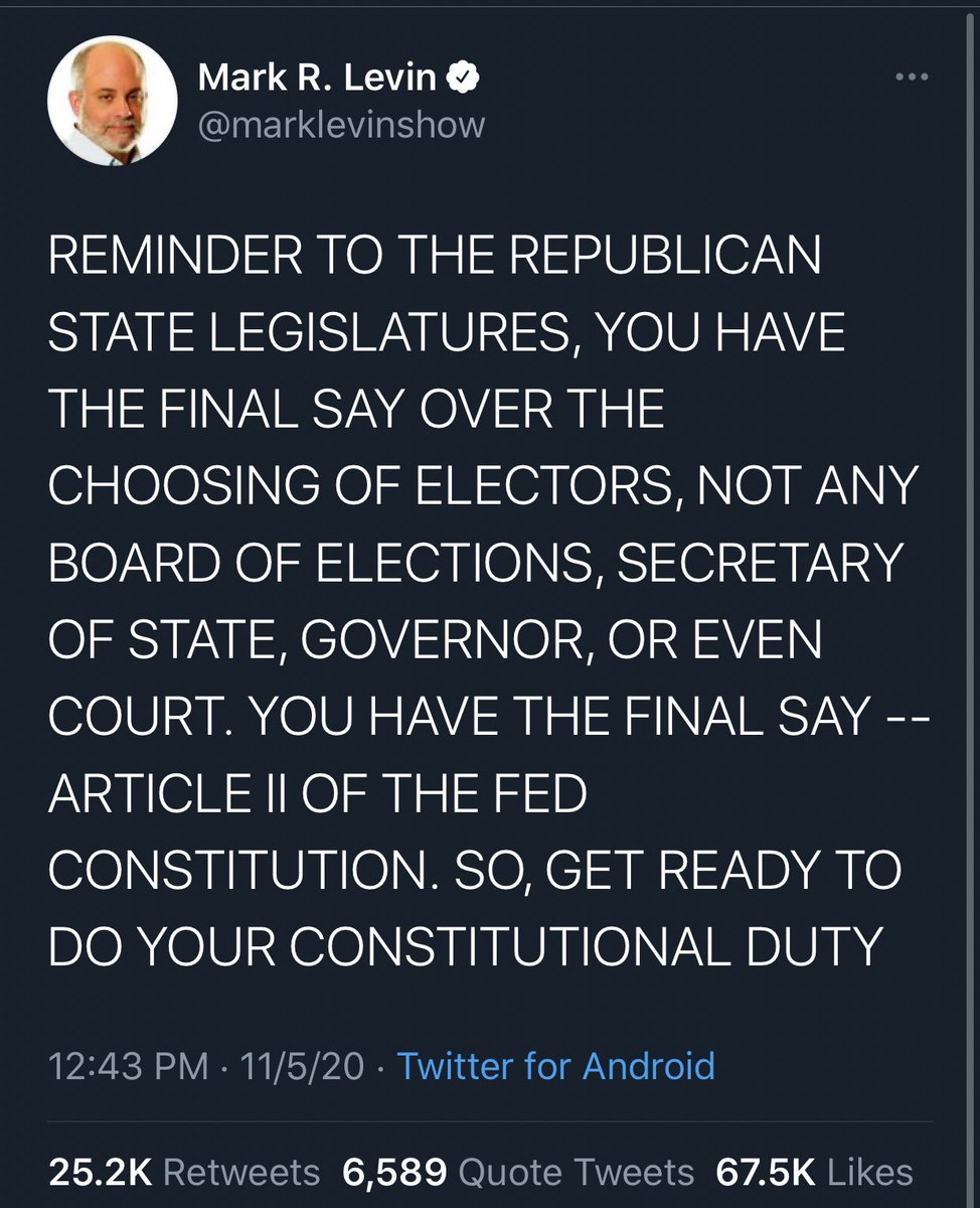 Also this week, Trump supporters started floating the idea of having GOP state legislatures go rogue and appoint their own electors, who would then be tasked with ignoring election results and handing the states (& their electoral college votes) to Trump, whether or not he won.