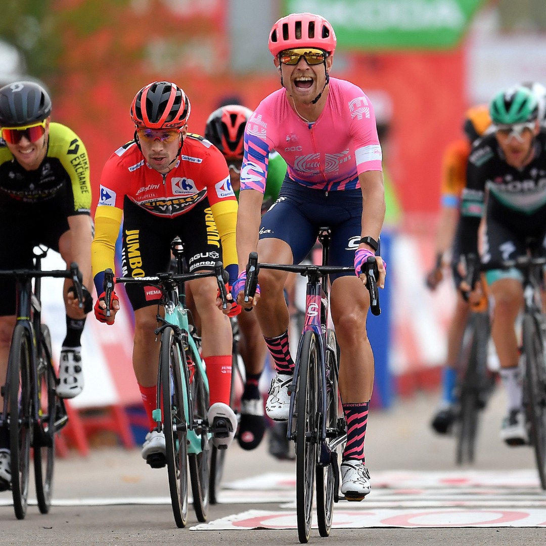 RideCannondale's tweet image. The Supreme Cort. 

@MagnusCort makes it three wins for @EFprocycling at the Vuelta a España, taking the victory aboard his #SystemSix! Hugh Carthy remains in third place overall heading into the final weekend of racing.