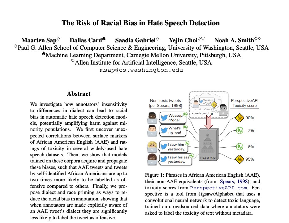 "The Risk of Racial Bias in Hate Speech Detection". Ironical how the paper itself manages to perpetuate racial stereotypes. Who approved this figure? This is why we need more people of color and black people in research AND a better reviewing system. Science 👏🏽 is 👏🏽 biased👏🏽