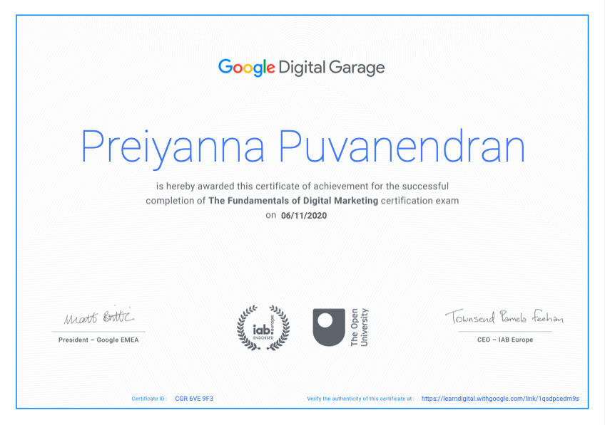 preiyanna's tweet photo. I just got my Google Certificate in the Fundamentals of Digital Marketing! The modules were extremely insightful and useful. 

If you are interested, get yours at: 
https://t.co/Q3fmP9f3nk #PurSchuYourBrand @DrVeresiu https://t.co/cU81Jt3WHv
