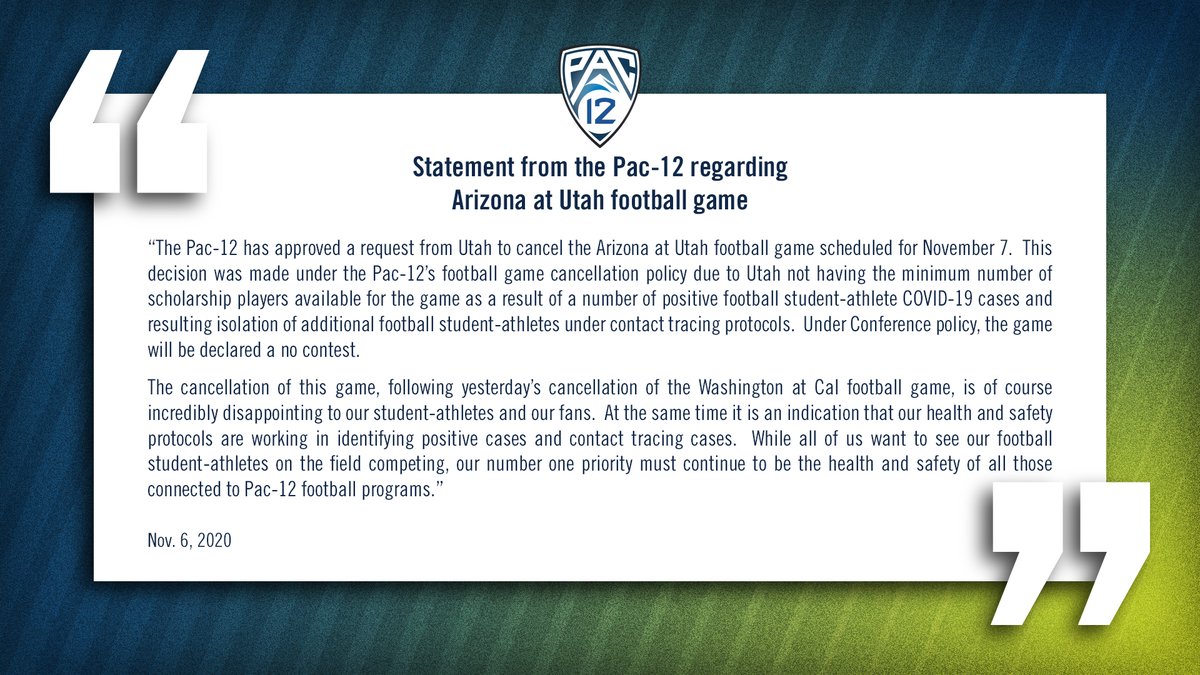pac12's tweet image. Statement regarding Saturday&apos;s Arizona at Utah #Pac12FB game: