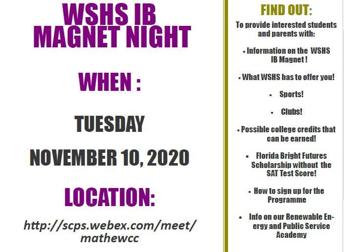 WSHSIBOdoherty's tweet photo. Interested in being a WSHS Bear and IB student?  Please, attend out informational Magnet Night!!!  We look forward to seeing you via next Tuesday Nov. 10 via webex.  See flyer below for details! @Petes_dragons @BearNationWSHS @SCPSInfo https://t.co/rbExEebbwU