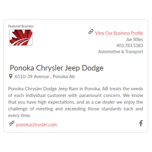 A NEW business profile on ponokalive.ca <a href="/PonokaChrysler/">Ponoka Chrysler</a> <a href="/PonokaDodgeRam/">Ponoka Chrysler</a>  #ponoka business directory