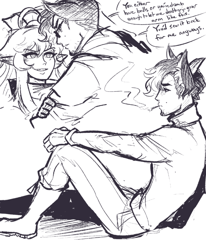 Been doodling a lot of Arknights stuff lately, here's some stuff with my Dokutah OC and his other OC pals 