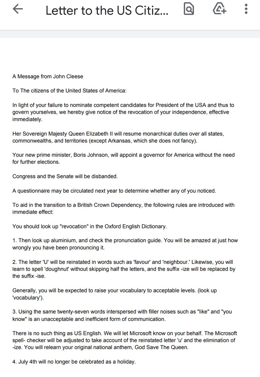 PeterFilzmaier's tweet photo. A letter to the US Citizen by John Cleese.

Das hat mir soeben ein Freund geschickt 😅👇 https://t.co/RbKsfxLbyc