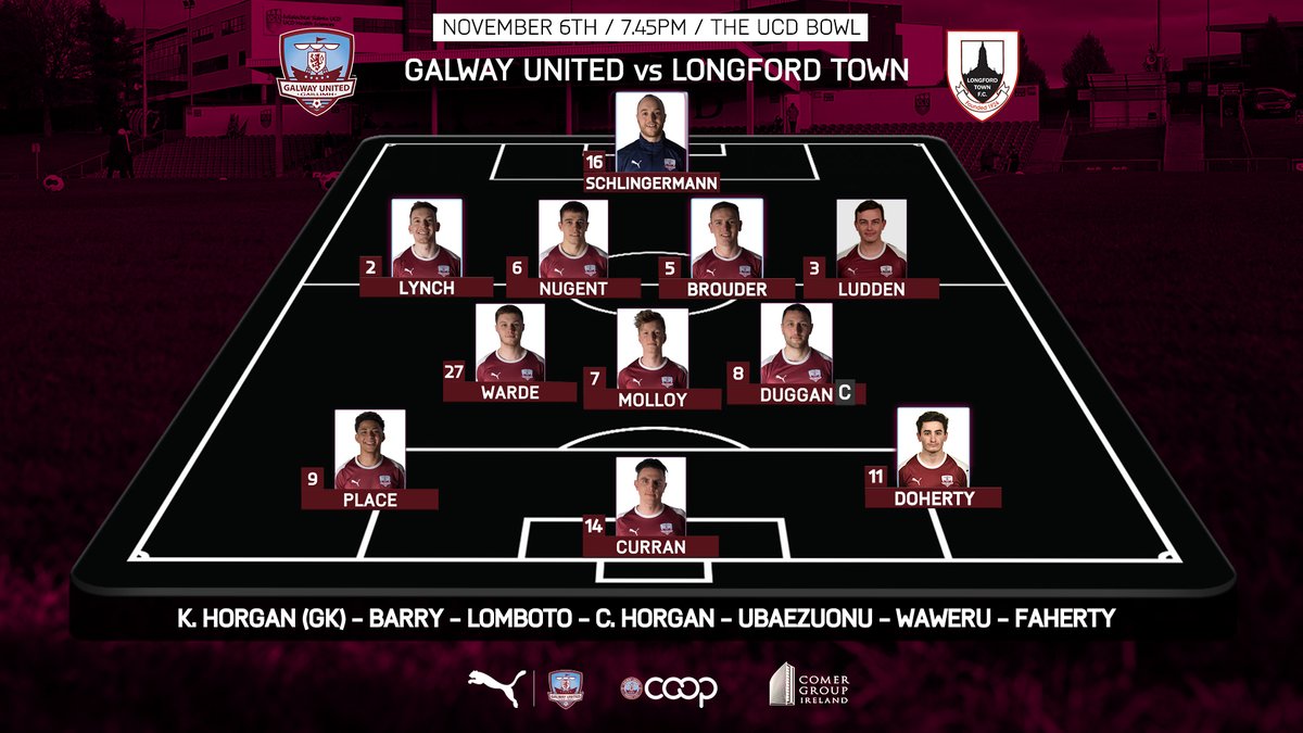 GalwayUnitedFC's tweet photo. LINEUP 📋 | This is how your United team lines up for tonight's @SSEAirtricityLg First Division Play-Off Final against Longford Town at the UCD Bowl.

John Caulfield makes just one change, with the suspended Stephen Christopher replaced by Mikey Place for this crucial game. #GUFC https://t.co/kzkxcHjYsf