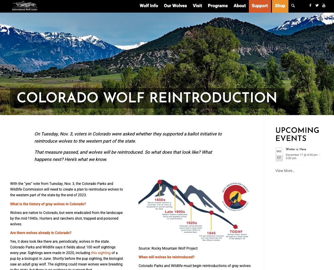 IntlWolfCenter's tweet photo. Voters in Colorado have narrowly passed a ballot measure to reintroduce wolves to the state. This page on our website has the details on what happens next:
https://t.co/cUg6MXspG6
#wolf #wolves #colorado #prop114 #wolvesincolorado https://t.co/wl6YZTt7J9