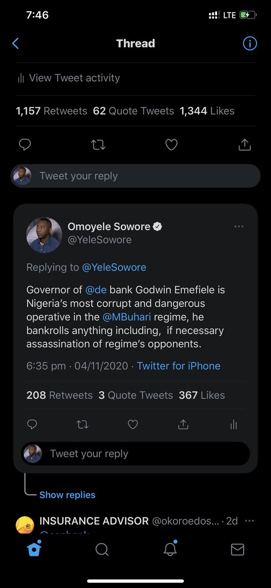 sowore's tweet photo. #Endsars  Godwin Emefiele, the Gov of @cenbank is one the most dangerous persons in the @MBuhari regime, yesterday I reported his activities, what’s more sinister about him is his smooth relationship with those influencers who could be calling this criminal out! #RevolutionNow https://t.co/EUOKhFq3lx