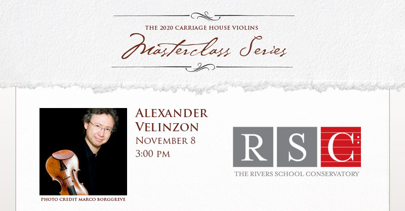 RSConservatory's tweet photo. This Sunday, 11/8 at 3 PM: Join us on FB Live for a master class with #AlexanderVelinzon, Associate Concertmaster of the BSO! Hear Velinzon share expert advice with RSC students, as they perform on beautiful violins generously loaned by @CarriageHsVlns. #riversschoolconservatory https://t.co/OzQLMmOMQs