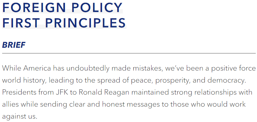 his entire foreign policy is just pure far right establishment garbage. this is from the foreign policy section of his campaign website during the primary: