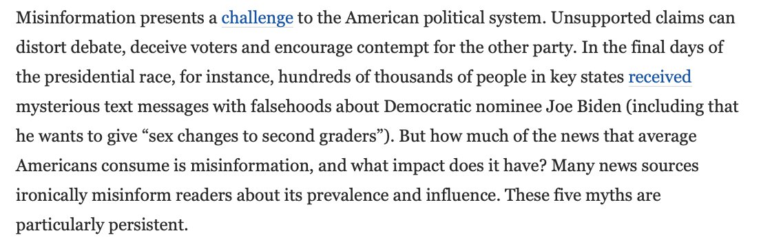 BrendanNyhan's tweet image. New @PostEverything: Five myths about misinformation washingtonpost.com/outlook/five-m…

Full of science-based real talk about echo chambers (overstated), fake news (little read) and its effects on 2016 (unproven), backfire effects (very rare), and &quot;post-truth&quot; (ahistorical). Please read!